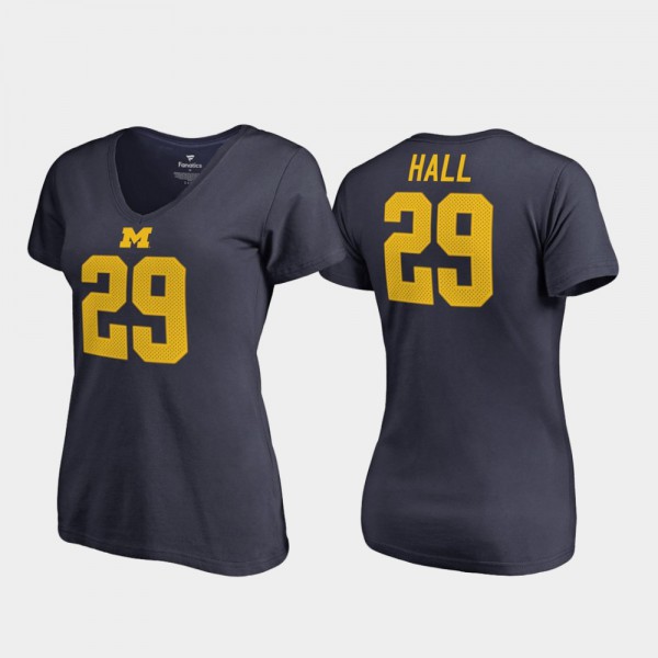 Michigan #29 Womens Leon Hall T-Shirt Navy V-Neck College Legends Player