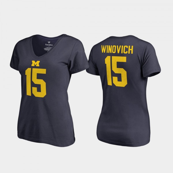 University of Michigan #15 For Women Chase Winovich T-Shirt Navy V-Neck Name & Number College Legends High School